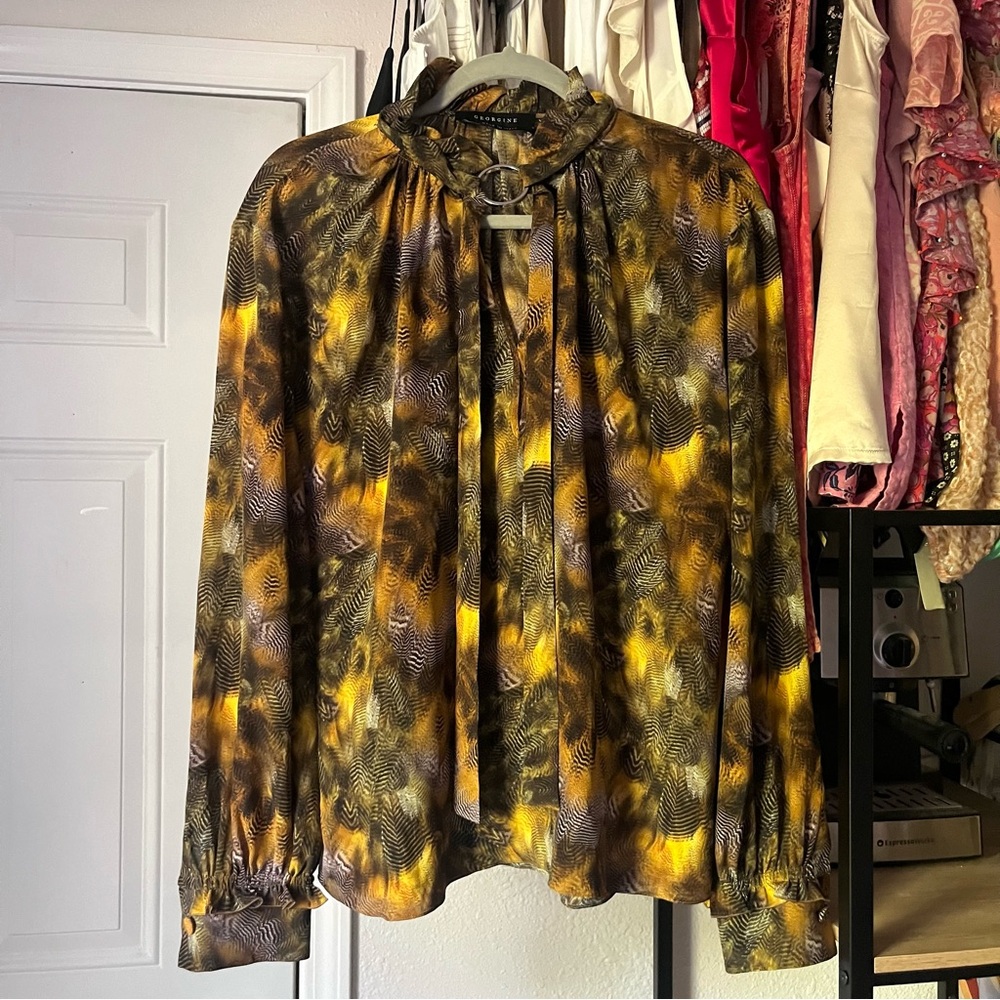 GEORGINE yellow brown feather print silk sheer ruffle collar long sleeve blouse